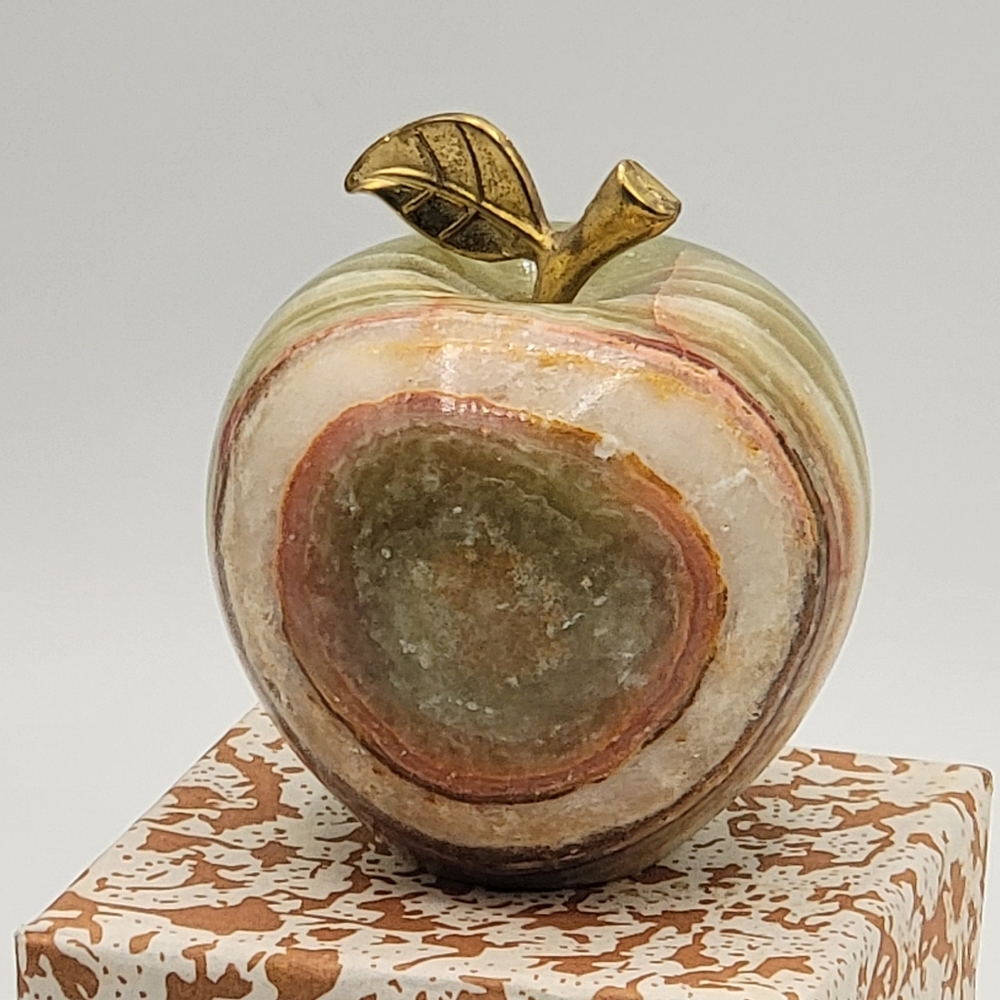 Natural Onyx Stone Apple Paperweight with Golden Leaf Accent